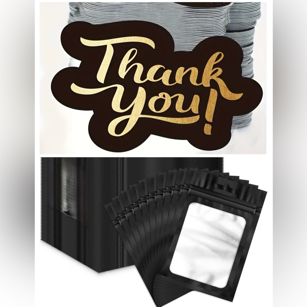 20 Resealable Bags & 20 Thank You Cards- Black/Gold NWT